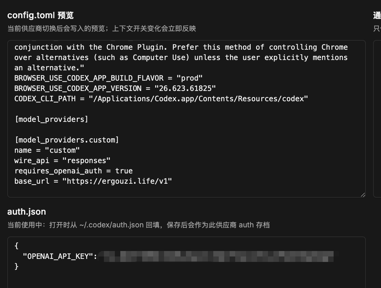 AgentDesk config.toml 与 auth.json 预览